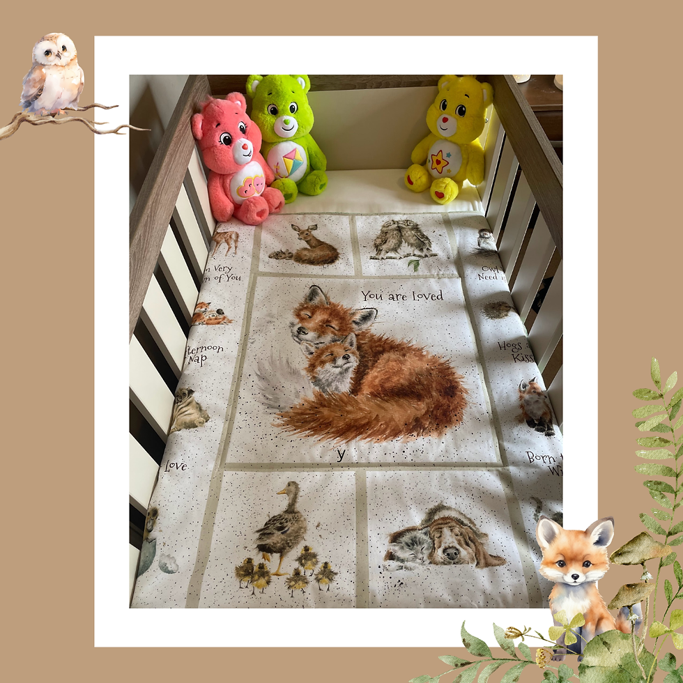Handmade baby blanket — You Are Loved, woodland animals panel with patchwork border, made in Ireland by The Owl Tree