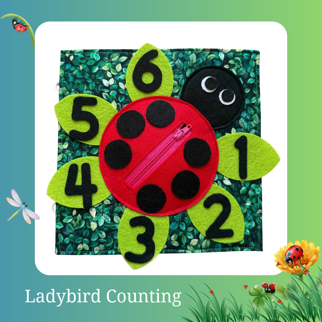 Ladybird Counting busy book page with a red felt ladybird and green leaves numbered 1 to 6, on a leaf print background