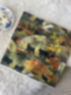 Handmade face cloth with black bears in autumnal woodland print, made in Ireland by The Owl Tree