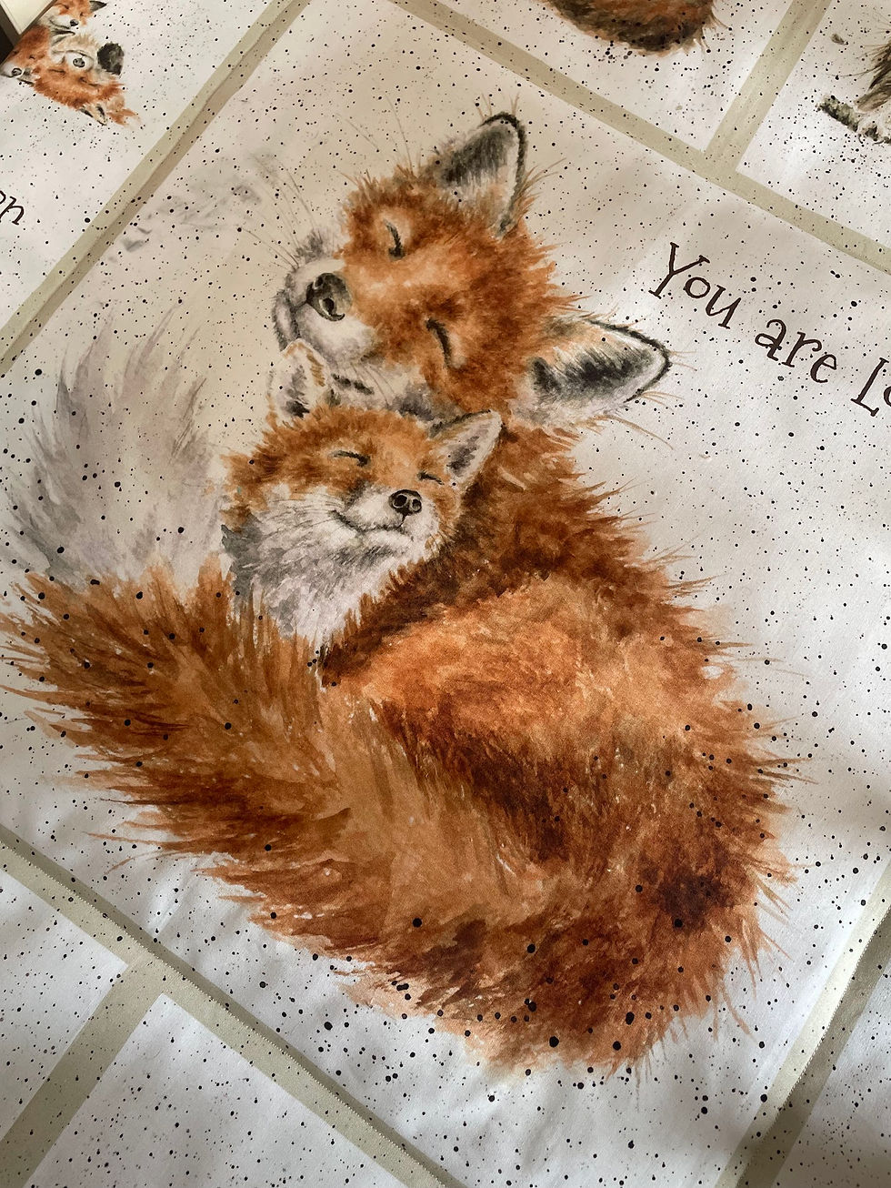 Close-up of watercolour fox on handmade baby blanket panel, made in Ireland by The Owl Tree