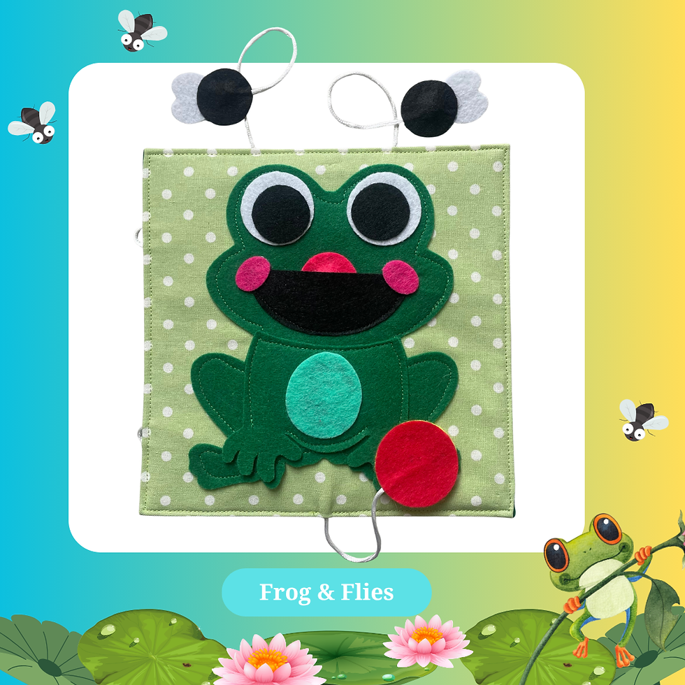 Handmade busy book page - Frog & Flies magnetic tongue activity, made in Ireland by The Owl Tree