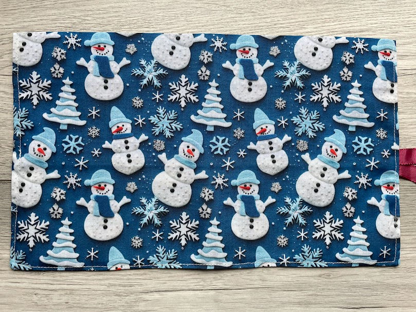 Thumbnail: Handmade Fabric Pencil Roll - Snowmen - colouring book and pencils incl