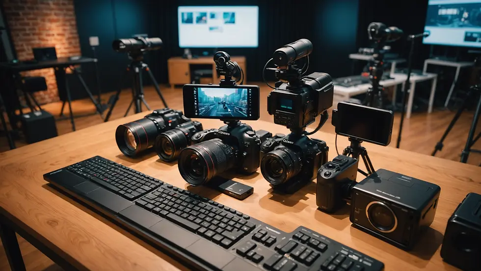 High angle view of a vibrant video production setup