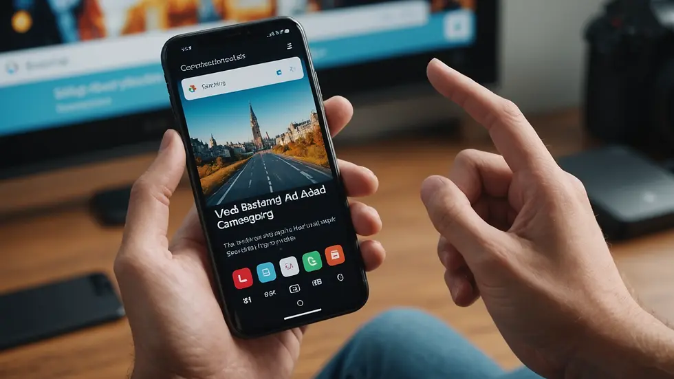 Close-up view of a smartphone displaying a video ad campaign