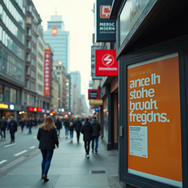 High angle view of a busy urban street with search advertisements