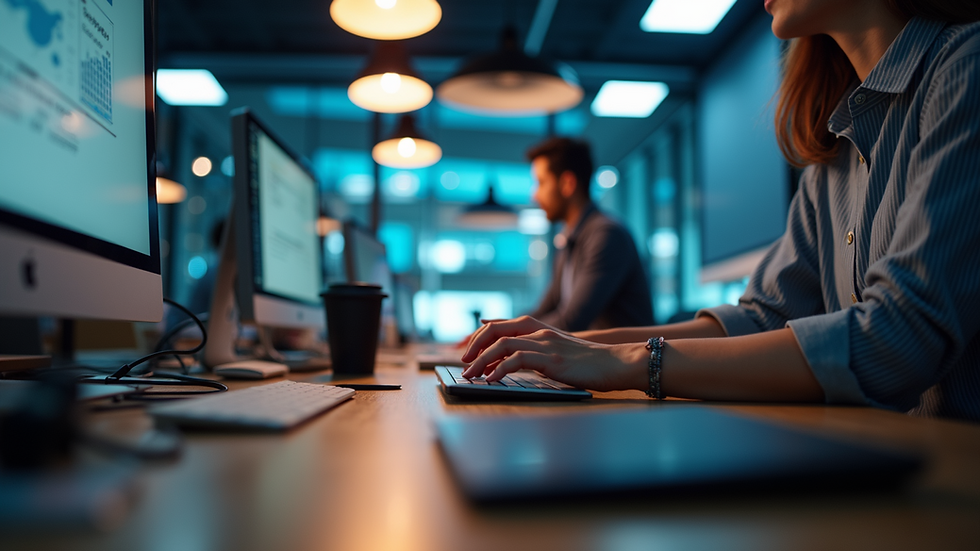 Eye-level view of a busy digital marketing workspace