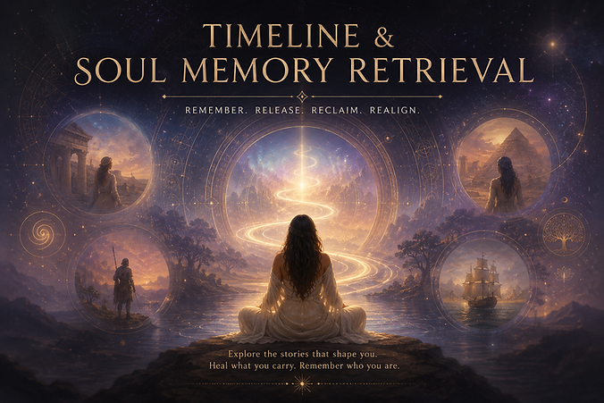 A person sits in meditation before a radiant spiral pathway of light extending through a mystical landscape. Circular scenes depict ancient ruins, pyramids, a sailing ship, and symbolic journeys through time, representing soul memory retrieval, personal transformation, and exploration of recurring life patterns.