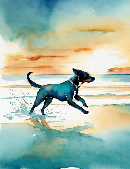 teal and blue watercolour of a dog running along a beach.png
