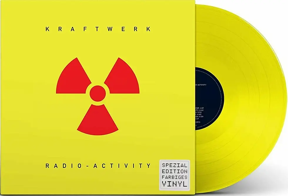 Album artwork for Kraftwerk's Radio-Activity vinyl album, showing the yellow vinyl record protruding from the sleeve