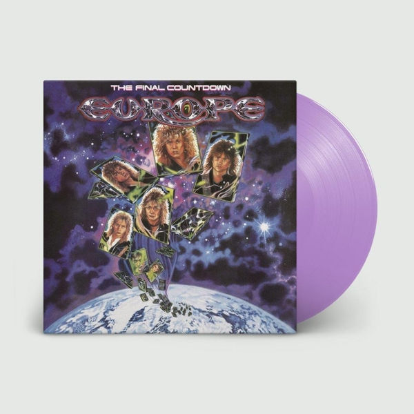 Europe's The Final Countdown Album cover with the purple vinyl record half protruding from the sleeve