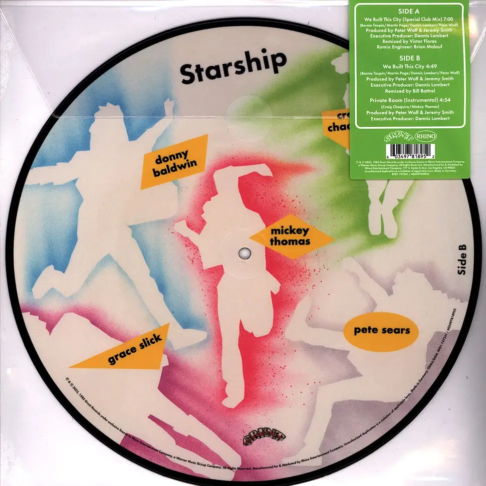 The B side of the picture disc displaying the band members outline in bright colours and name tags