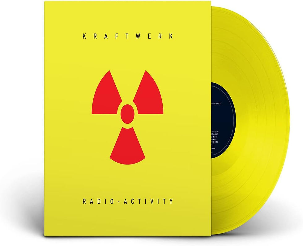 Album artwork for Kraftwerk's Radio-Activity vinyl album, showing the yellow vinyl record protruding from the sleeve