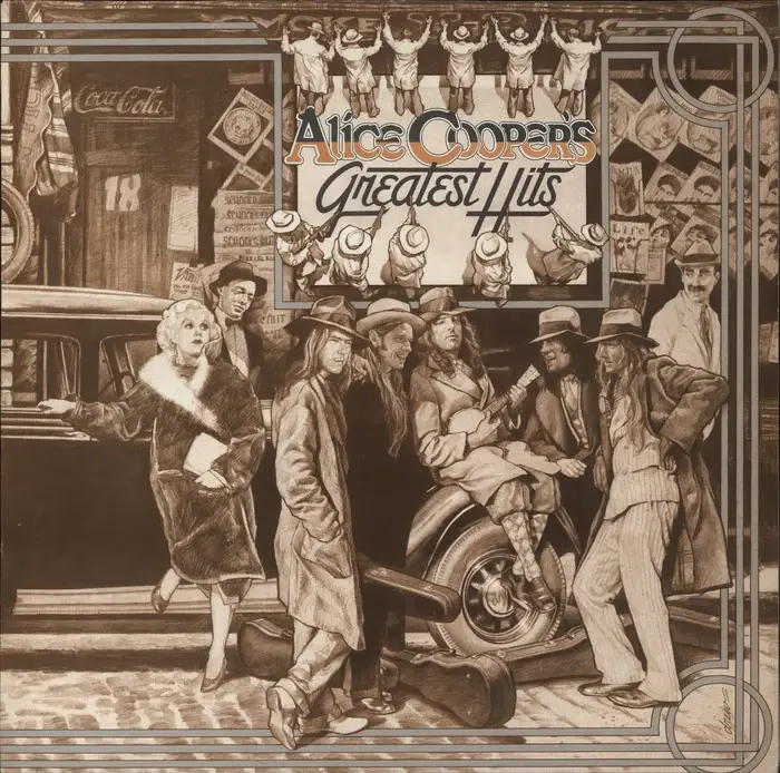 Alice Cooper Greatest Hits album cover, showing a sepia-toned illustration by Drew Struzan, depicting the band amid 1930s Hollywood stars and a St. Valentine’s Day Massacre theme.