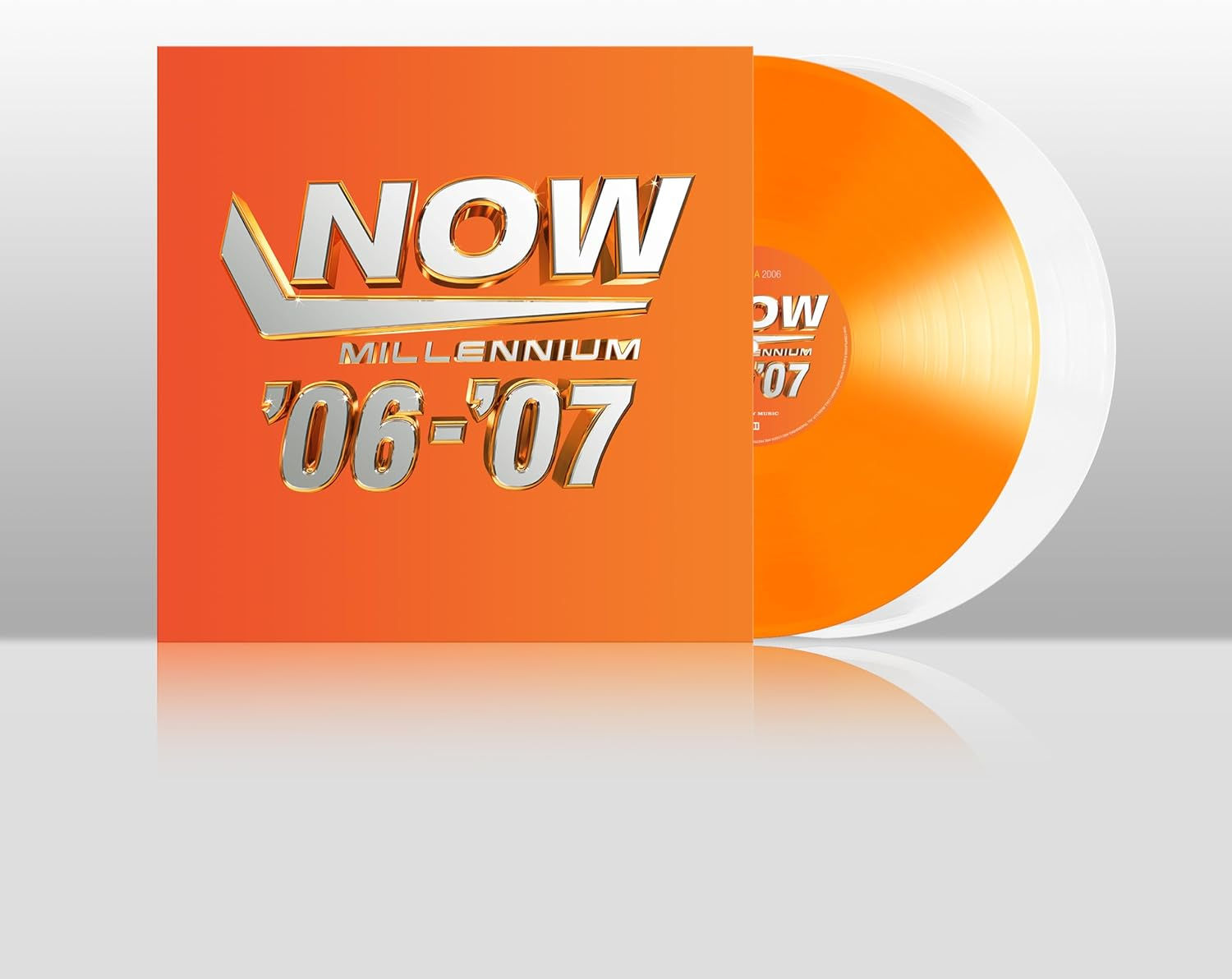 Now Millennium 2006 -2007 Album cover with the white and orange coloured vinyl LPs shown protruding from the sleeve.