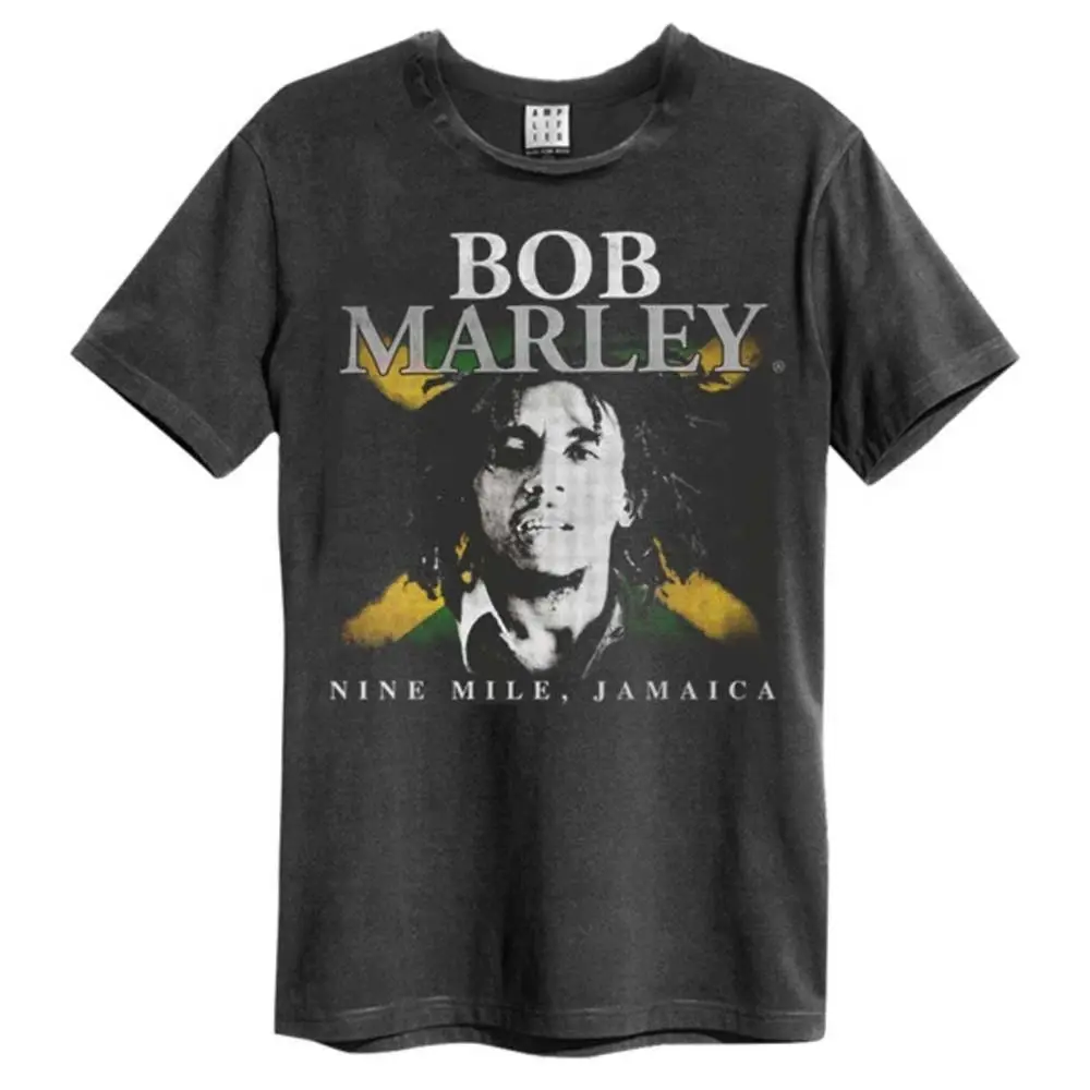 The front of the t-shirt with a portrait of Bob Marley, in front of the Jamaican Flag. Text Reads Bob Marely 9 miles