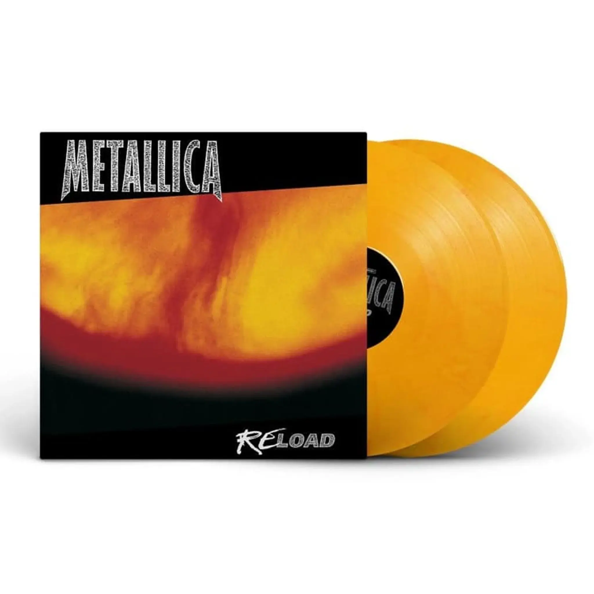 Album cover art for Metallica's Reload, with the double, flaming fuel coloured records displayed protruding from the sleeve