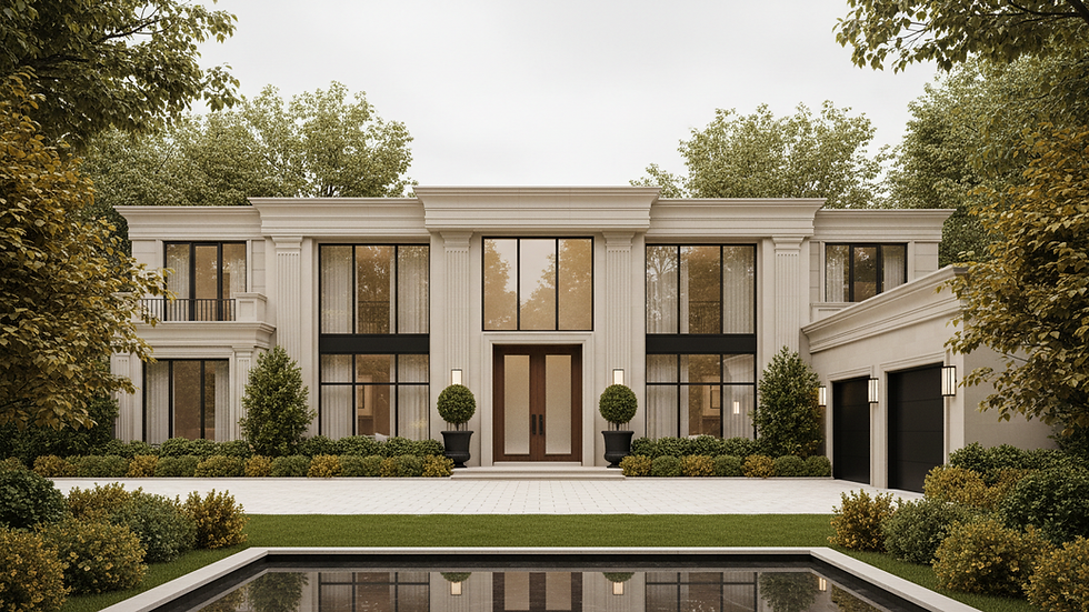 Eye-level view of a spacious single-family home surrounded by lush greenery