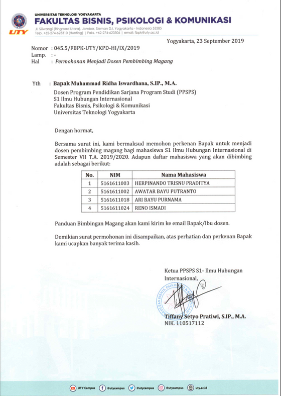Bimbingan Magang Mahasiswa Prodi Ilmu HI Angkatan 2016