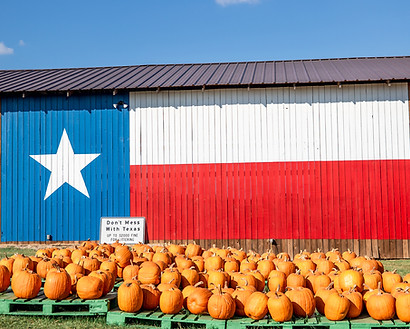 The Texas Flag Mural on the side of a barn at Yesterland with a pumpkin patch in front.