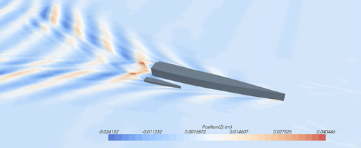 CFD simulation by Musca Marine Designs showing bow and transom wave patterns and their interaction with the outrigger demihull for hydrodynamic performance analysis.