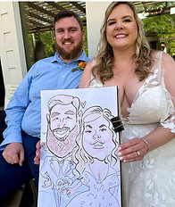 wedding couple holds their wedding theme caricature