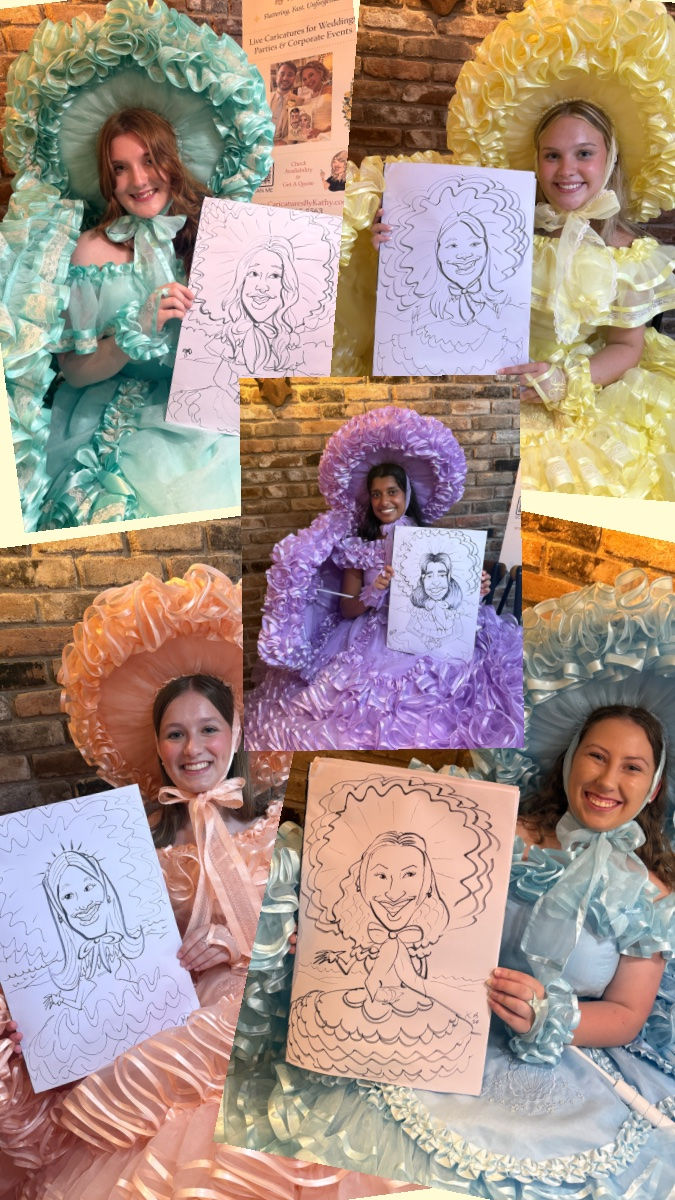 a montage of Azalia trail maids holding their caricatures and smiling at an event at the Malaga inn in Mobile, AL