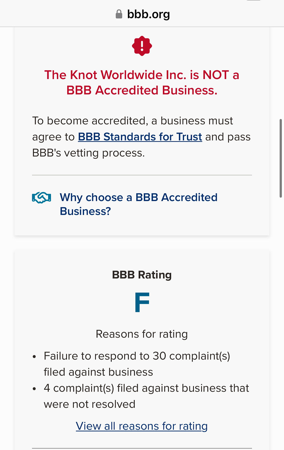Review of the knot wedding website from the BBB giving them a big fat F