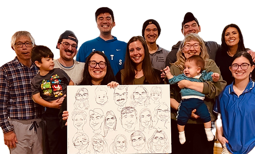 a family gets a ;arge caricature at a baby gender reveal in Mobile, AL