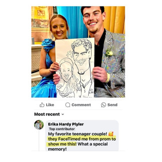 a review of a cute couple getting their caricature drawn at a prom