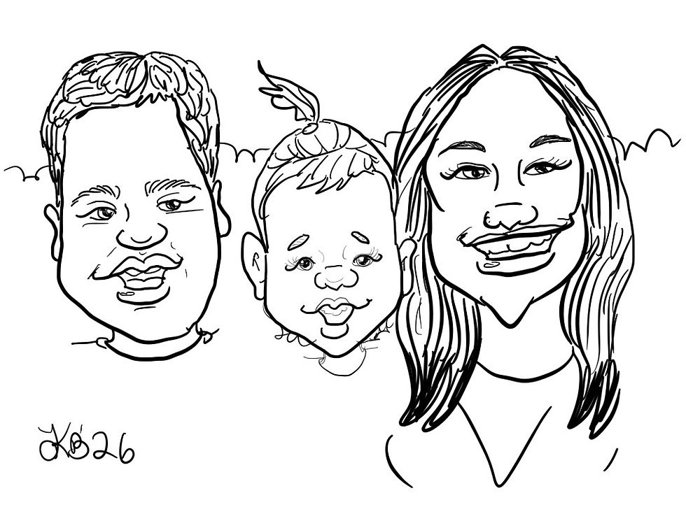 a live caricature of three kids drawn on zoom for a family with a child who is a part of HopeKids
