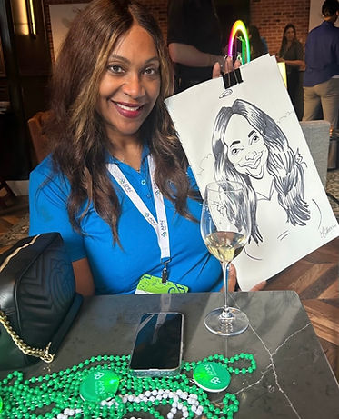 a woman gets a corporate caricature at a mardi gras themed party at hilton riverside in New Orleans