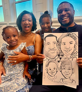 a family gets a caricature at a wedding
