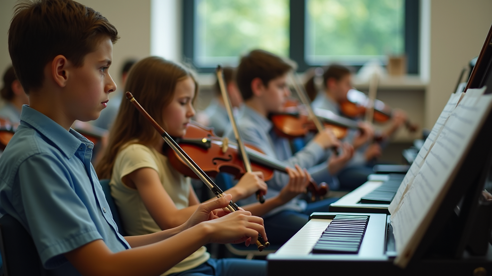 Close-up view of a music classroom with students playing instruments