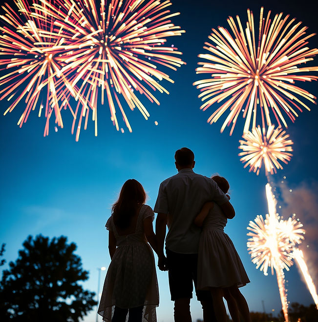 patriotic, vignette, wholesome, white family, American, fourth of july fireworks in the sk