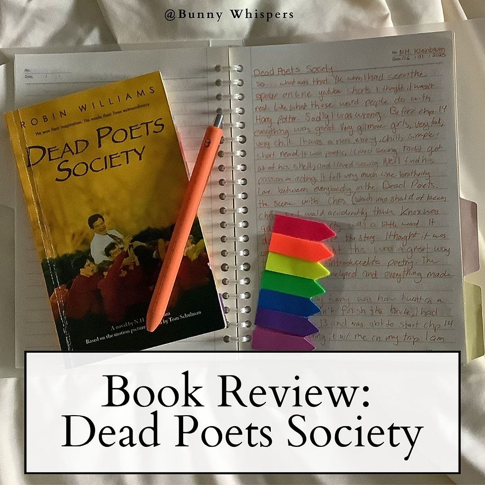 Notebook with colorful tabs and handwritten notes on "Dead Poets Society" beside the book, pen on top. Text: "Book Review: Dead Poets Society."