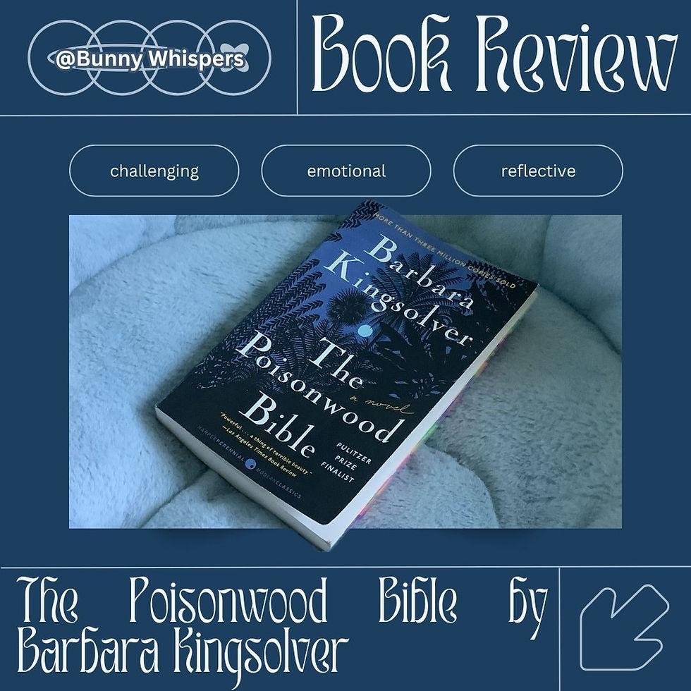 Book titled "The Poisonwood Bible" by Barbara Kingsolver on a soft, light blue surface. Review labels: challenging, emotional, reflective.