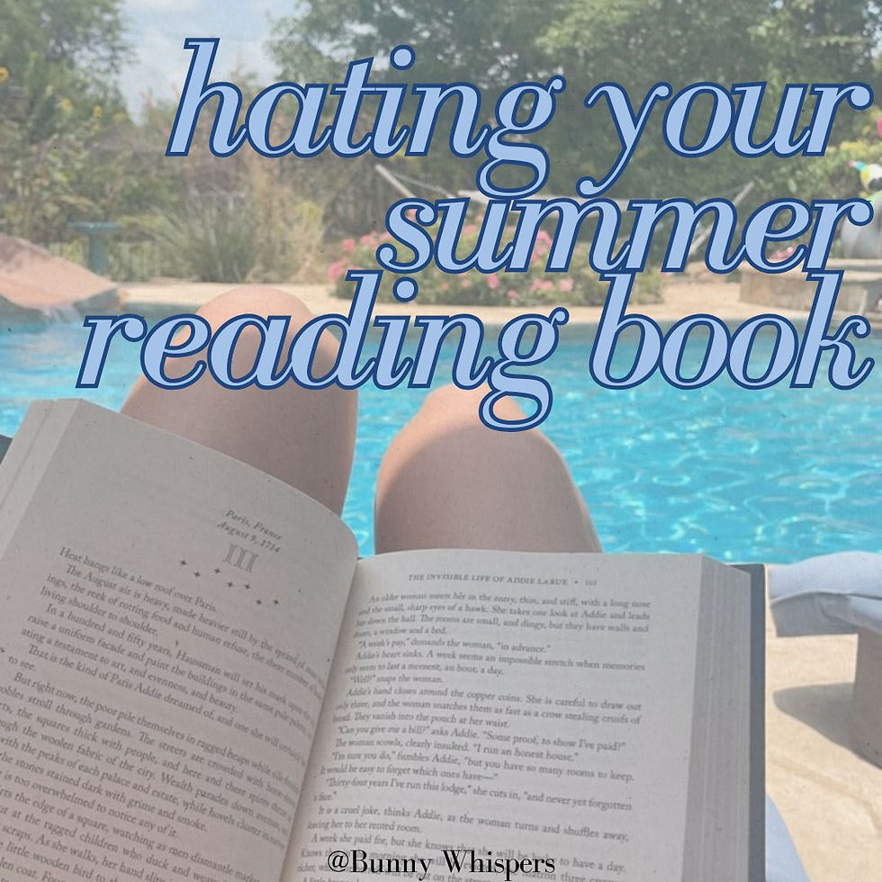 Legs by a pool with an open book in hand. Text reads: "hating your summer reading book." Sunny, relaxed setting with blue water.