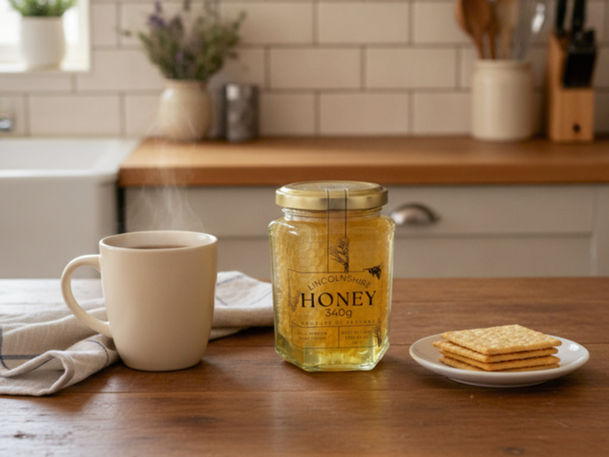 A Jar of chunk honey sat on a kitchen work top