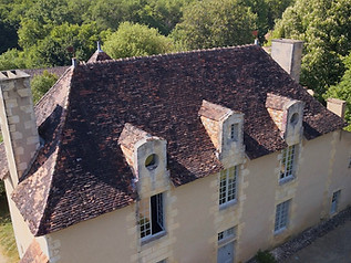 Vue par drone de la toiture d'un prieuré, en tuiles anciennes une heure après une pulvérisation par drone pour un nettoyage et démoussage. La toiture est noircie par la pollution, et colonnisée par les mousses et les lichens. Région de Poitiers, à Tercé dans la Vienne 86.