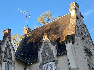 Photo d'une toiture en ardoises très sale, avant traitement anti-mousse par drone, à Brigueil le Chantre, près de Chateauroux dans l'indre 36