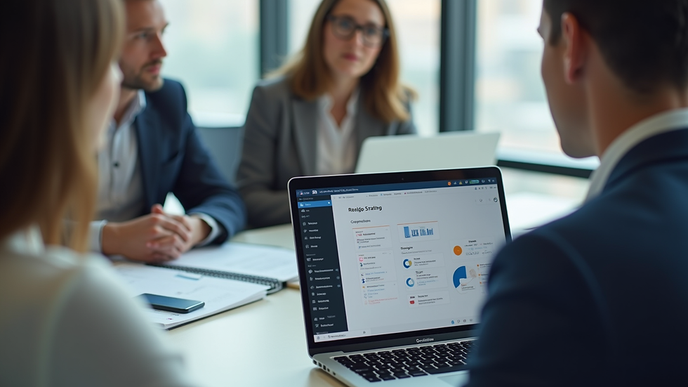 Close-up view of a business meeting with a consultant presenting IT strategy on a laptop
