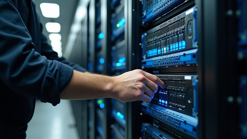Close-up view of a technician working on a server rack in a data center