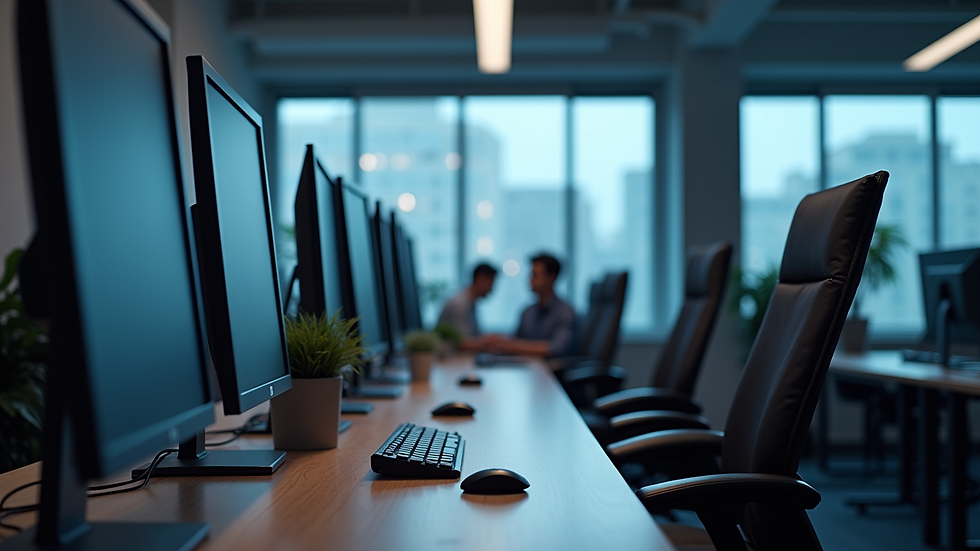 Eye-level view of a modern office workspace with multiple computer screens