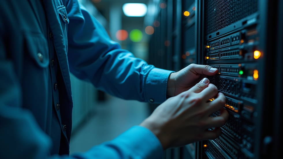 Close-up view of a technician configuring network hardware in a server room
