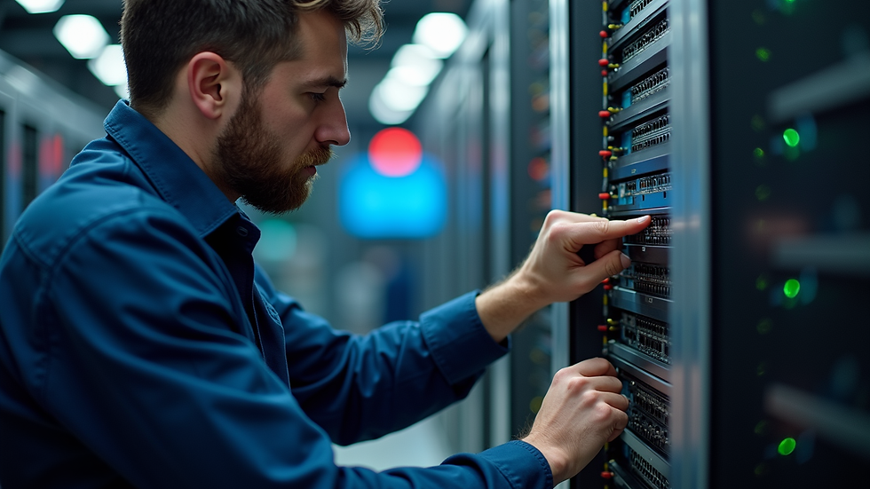 Close-up view of a technician working on a network switch in a data center