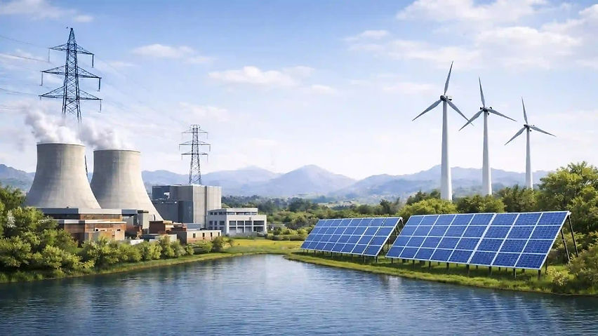Solar panels, wind turbines, and power plants by a lake.