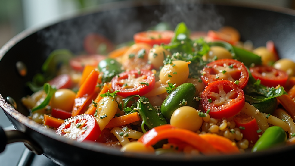 Close-up view of a carbon steel wok with colorful vegetables being stir-fried