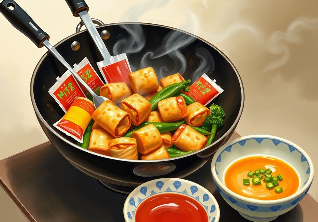 wok with stir fry in it,, next to wok 12 sauce pouches, spatula, asian plate and bowl, in 