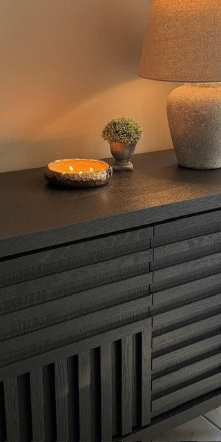 Dark grey oak sideboards with brushed brass feet