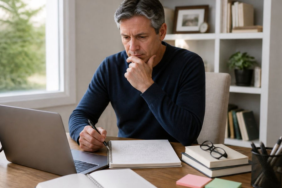 Professional in their 50s reviewing modern elder academy alternatives while working at a bright home office desk.